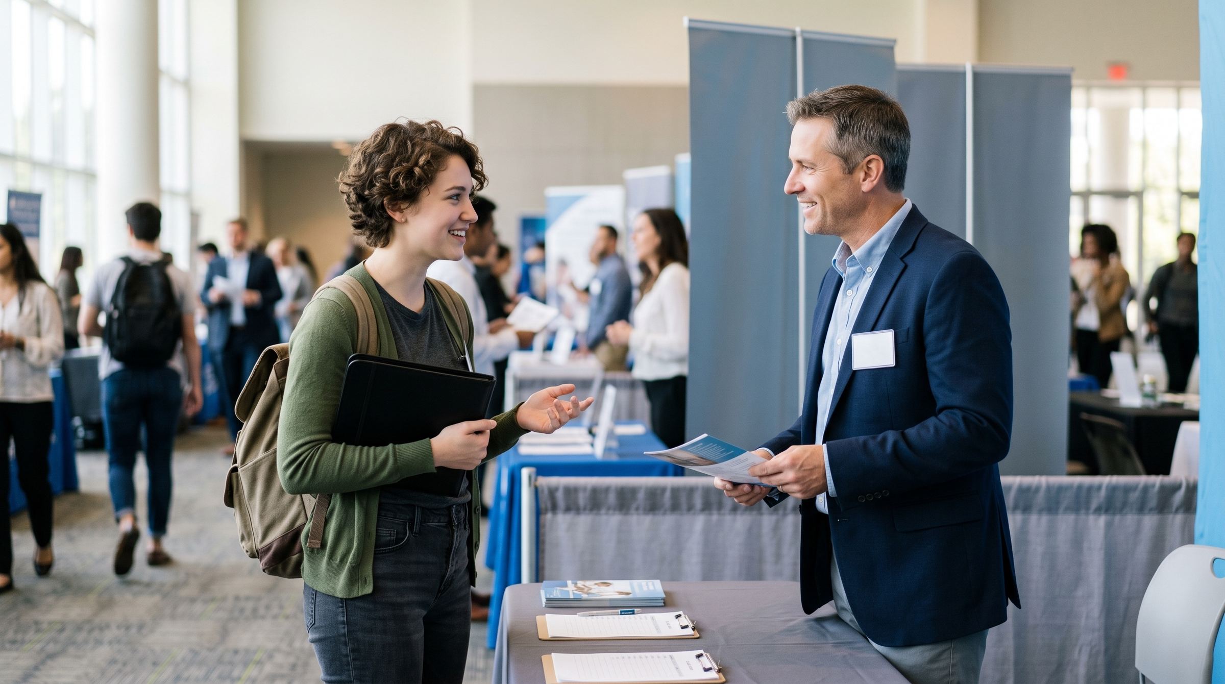 An Emtech recruiter talking with a student at a career fair
